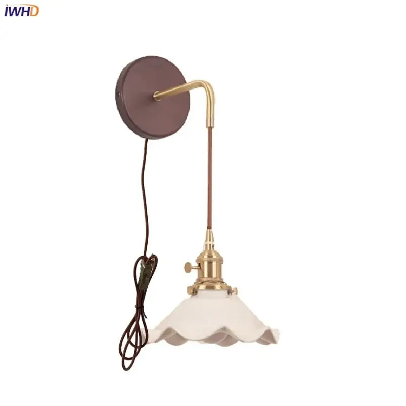 Vintage brass wall sconce with scalloped off-white glass shade featuring metal arm for bedroom decorbites ceramic wood led lighting