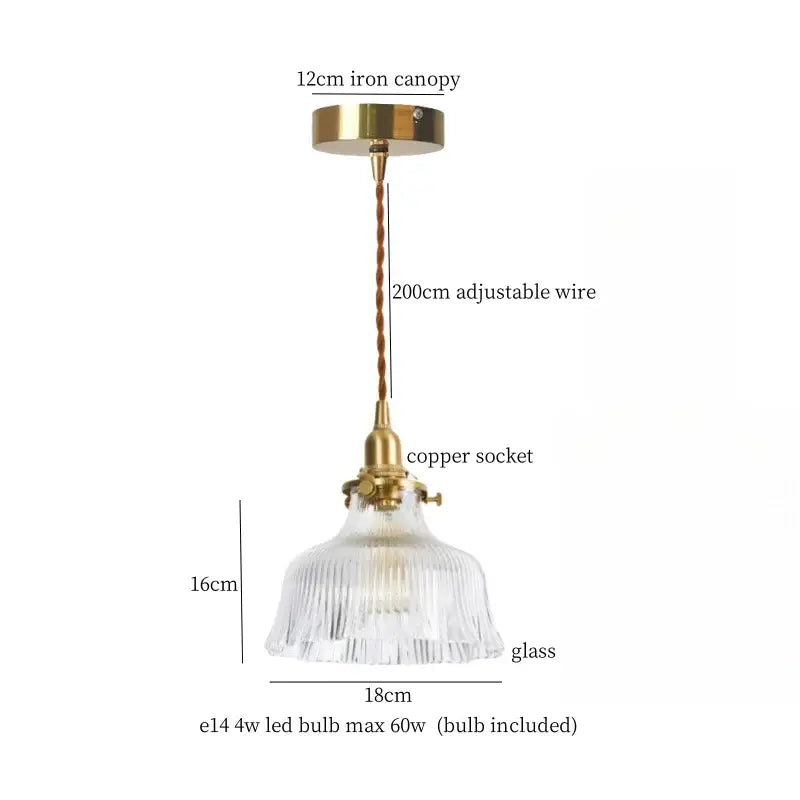 Vintage brass and textured glass led pendant lamp with copper socket and ribbed glass shade for dining room lighting