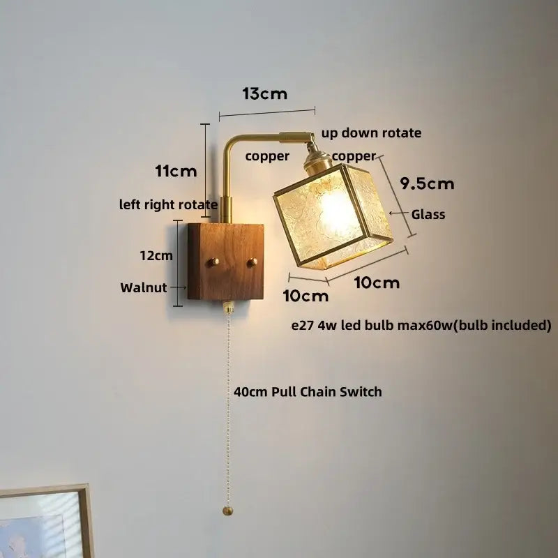 Vintage brass and walnut wall light with copper details square glass shade and pull chain switch for bedroom use