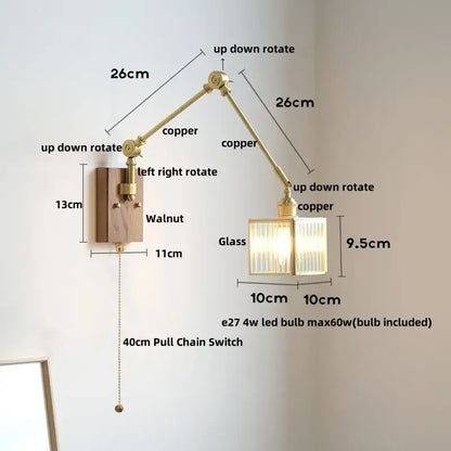 Adjustable copper wall light with walnut base and ribbed glass shade featuring a pull chain switch for bedroom use