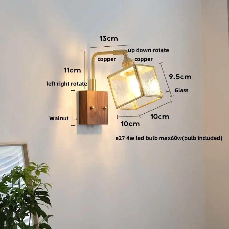 Vintage brass and walnut wall light with copper and walnut sconce glass cube shade and pull chain switch for bedroom