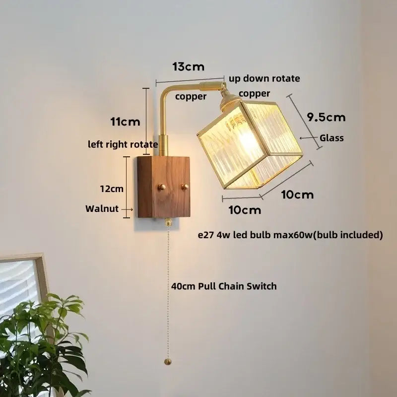 Vintage brass and walnut wall light with copper geometric glass shade and pull chain switch for bedroom use