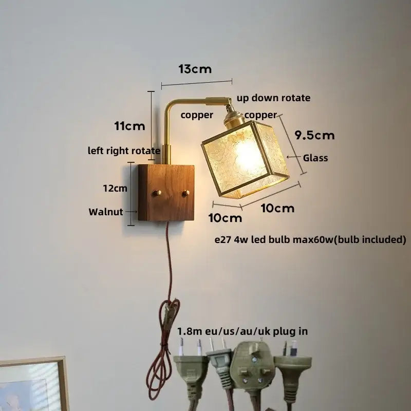 Vintage brass and walnut wall light with copper and walnut materials, square glass shade, and pull chain switch for bedroom use