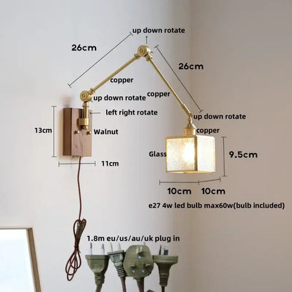 Adjustable copper wall light with walnut base frosted glass shade and pull chain switch for bedroom use