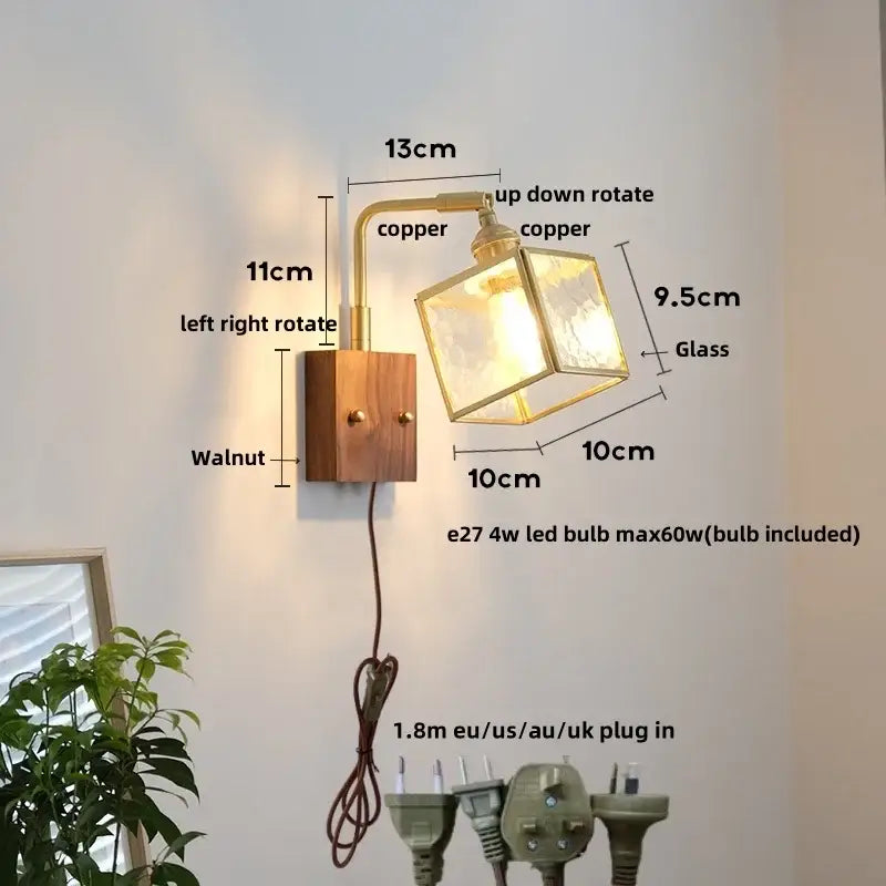 Vintage brass and walnut glass wall light with copper finish, glass cube shade, and pull chain switch for bedroom use