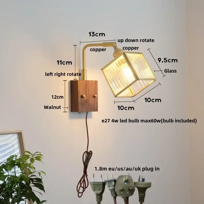 Copper and walnut wall light with glass cube shade and pull chain switch for vintage bedroom lighting