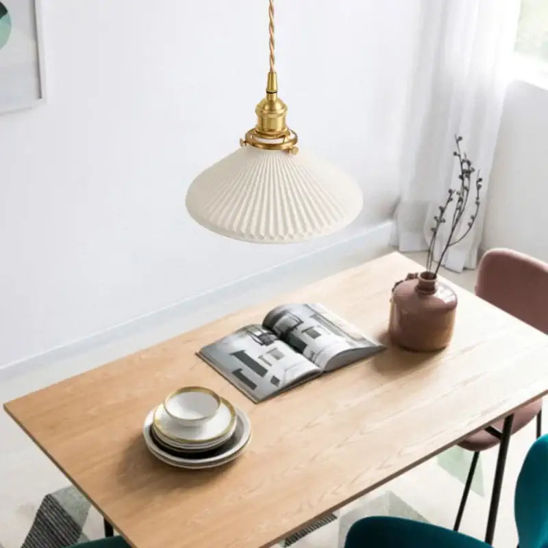 Vintage brass pendant light with cream pleated glass white shade and twisted cord for dining room with polished copper accents