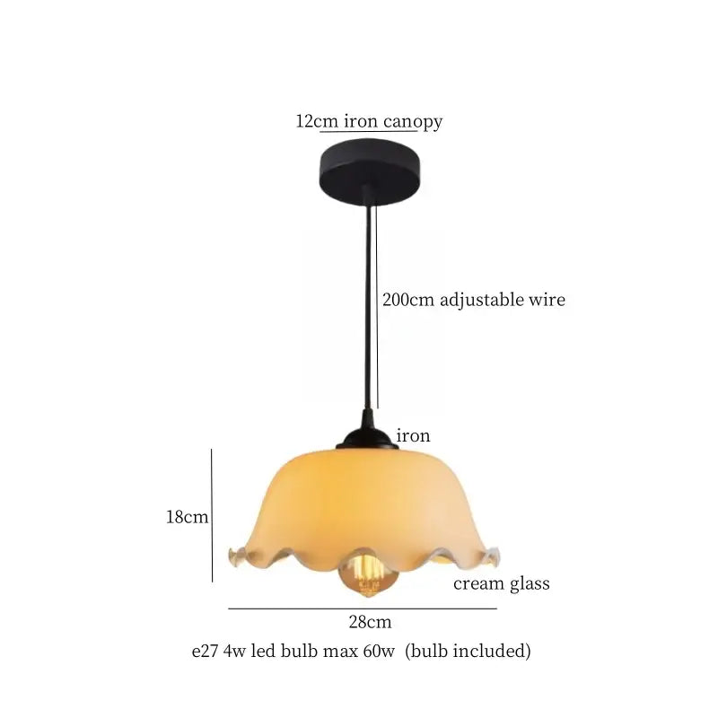 A vintage brass and wood glass led pendant flower light with cream ruffled glass and adjustable wire for bedroom use