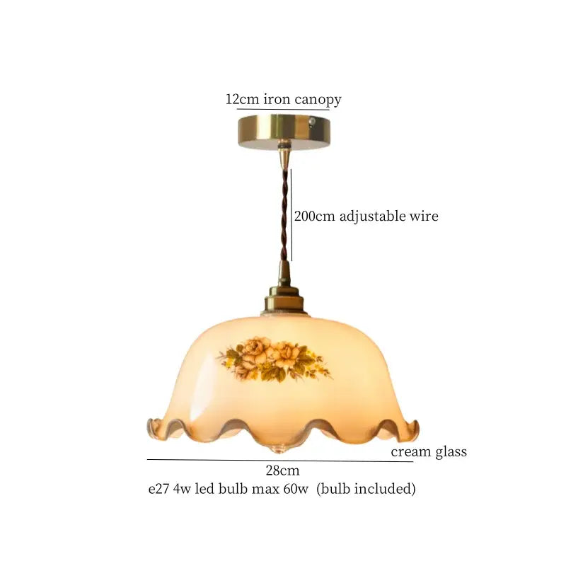 Cream glass led pendant light with floral design and ornate vintage brass canopy for bedroom lighting