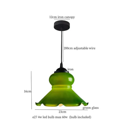 Green glass led pendant flower with vintage brass and wood design, 12cm iron canopy, and adjustable wire for bedroom lighting