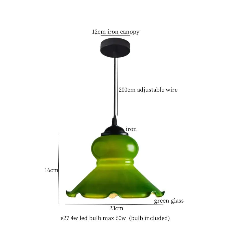Green glass led pendant flower with vintage brass and wood design, 12cm iron canopy, and adjustable wire for bedroom lighting