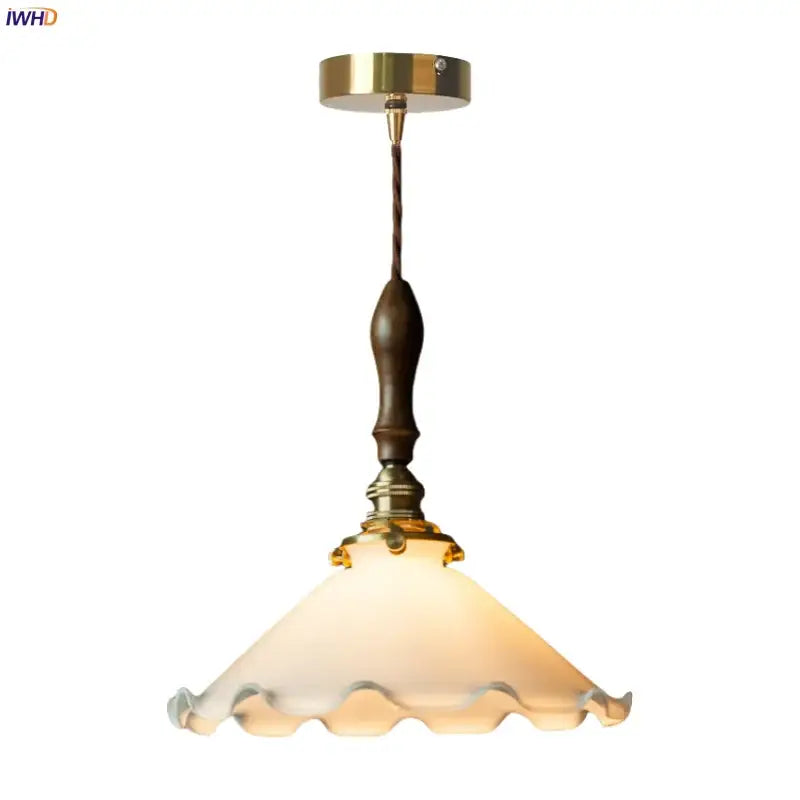 Vintage brass and wood glass led pendant flower with off-white scalloped frosted shade for bedroom pendant light
