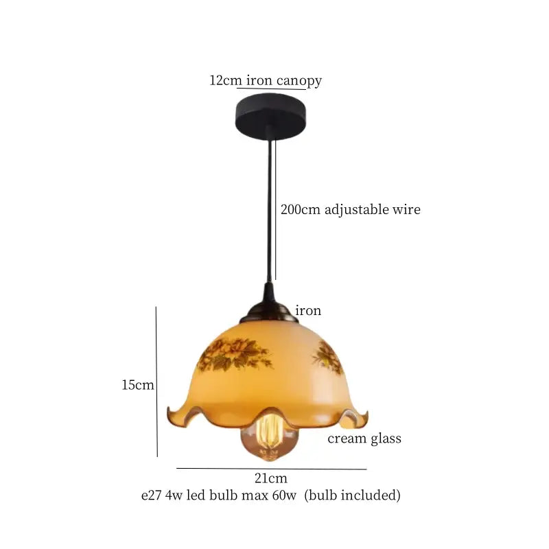 Vintage brass and wood glass led pendant light with cream floral shade suspended by adjustable iron wire canopy for bedroom