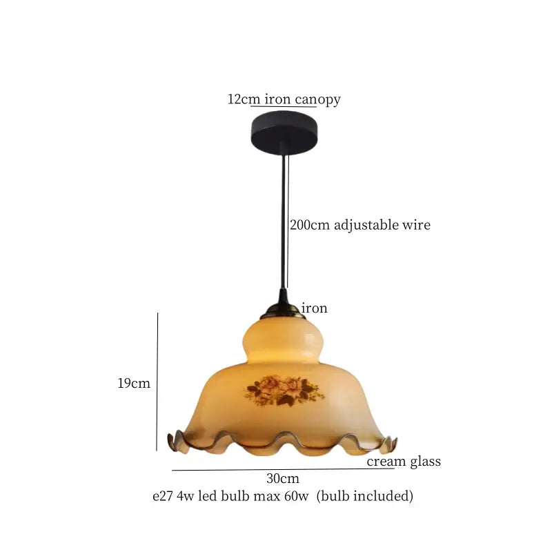 Vintage brass and wood glass led pendant flower with cream ruffled floral shade and iron canopy bedroom pendant light
