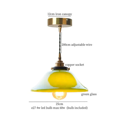 Vintage brass and wood glass led pendant flower with brass iron canopy and green glass shade bedroom pendant light