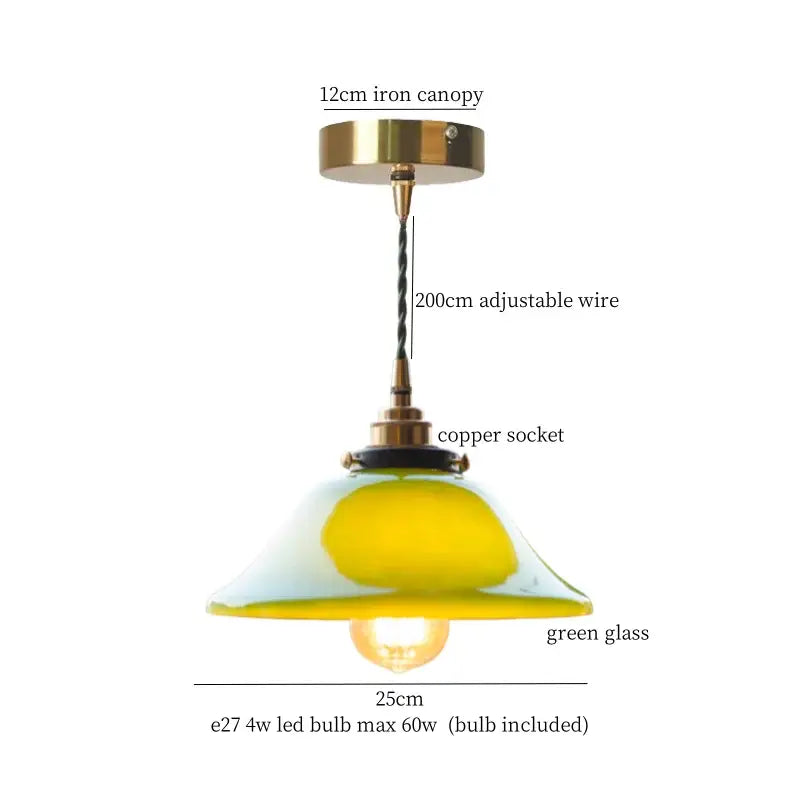 Vintage brass and wood glass led pendant flower with brass iron canopy and green glass shade bedroom pendant light
