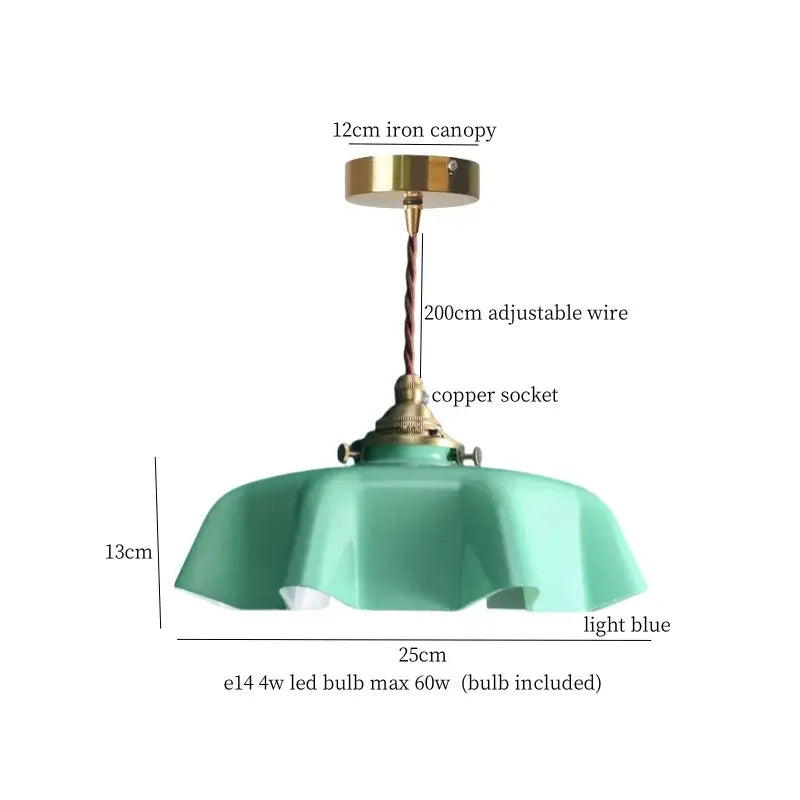 Vintage brass and wood glass led pendant light with light blue fluted shade ideal for bedroom lighting