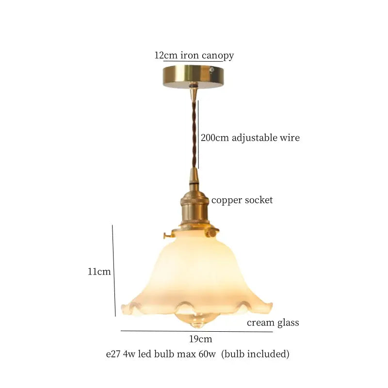 Vintage brass and wood glass led pendant light with adjustable copper wire cream shade for bedroom use