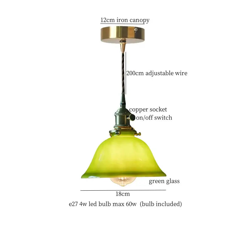 Vintage brass and wood glass led pendant light with green bell-shaped shade and copper socket for bedroom use