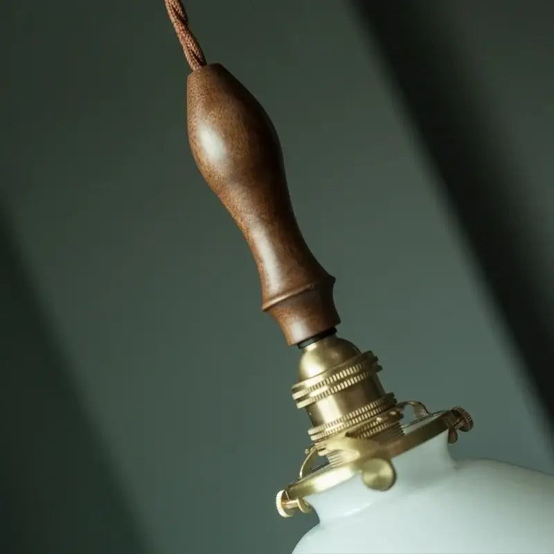 A warm-toned wooden handle with brass socket and white ceramic base in a vintage glass led pendant flower light