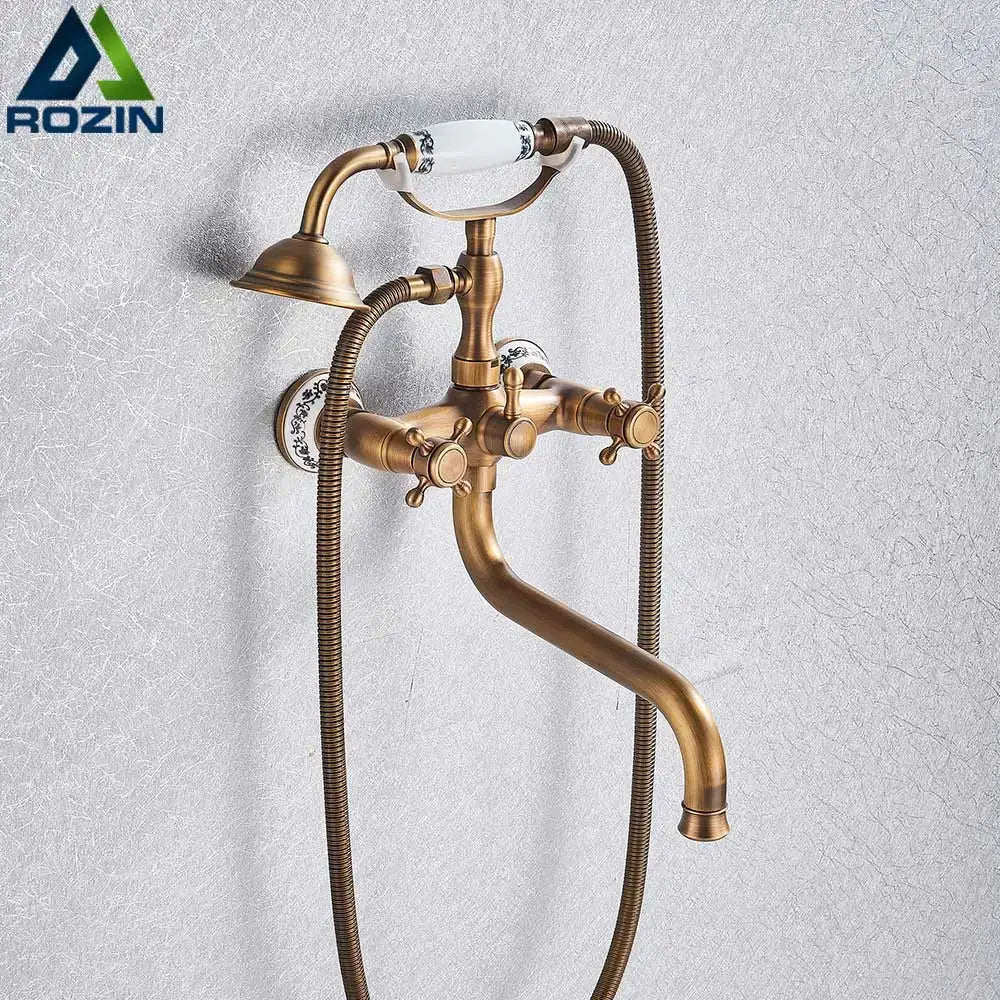Vintage brass antique tub faucet with handshower featuring decorbites brass antique finish ceramic handles and porcelain accents