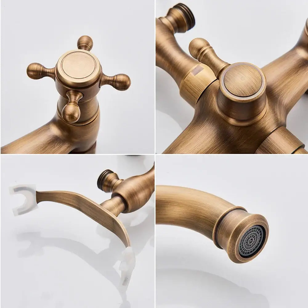 Vintage brass antique tub faucet with handshower featuring brass antique cross-handle kitchen faucet and integrated spray nozzle