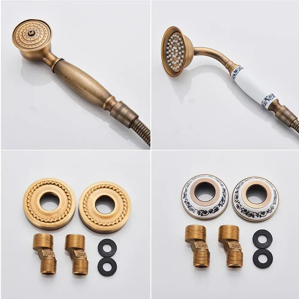 Antique tub faucet showerhead with decorbites brass antique finish and decorative ceramic handle wall mount hardware set