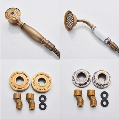 Antique tub faucet showerhead with decorbites brass antique finish and decorative ceramic handle wall mount hardware set