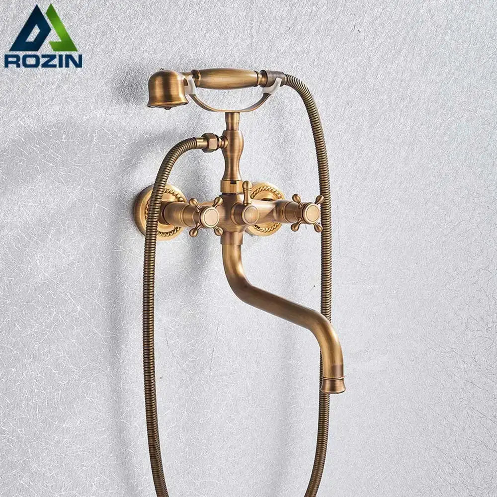 Vintage brass antique tub faucet with handshower set featuring ornate detailing and flexible hoses by decorbites brass antique