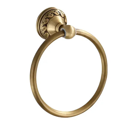 Antique brass-finished towel ring with ornate scrollwork detailing in vintage decorbites brass bathroom accessories set