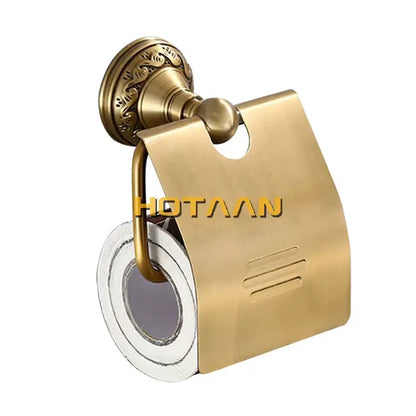 Brass-finished toilet paper holder with ornate wall mount in decorbites brass bathroom accessories set for elegant bathroom decor