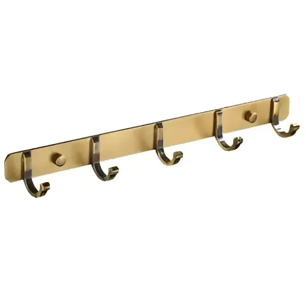 Gold-colored metal coat rack with six hooks from vintage brass bathroom accessories set by decorbites brass bathroom