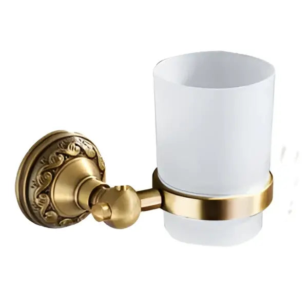 Gold-toned ornate wall-mounted toothbrush holder with frosted white glass cup from decorbites brass bathroom accessories set
