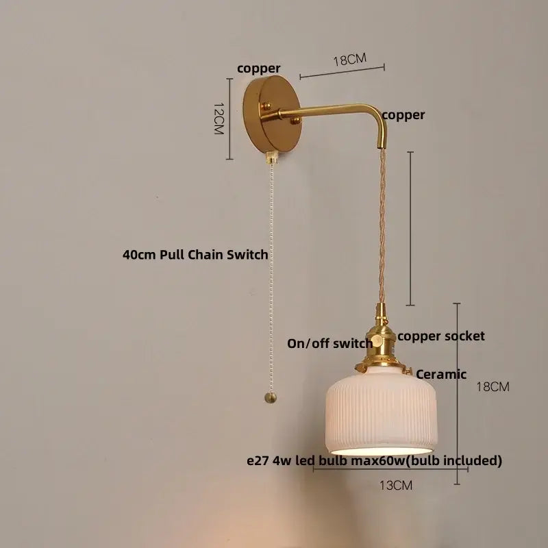 Vintage brass ceramic knob wall lights featuring a copper ribbed ceramic shade and pull chain switch sconce