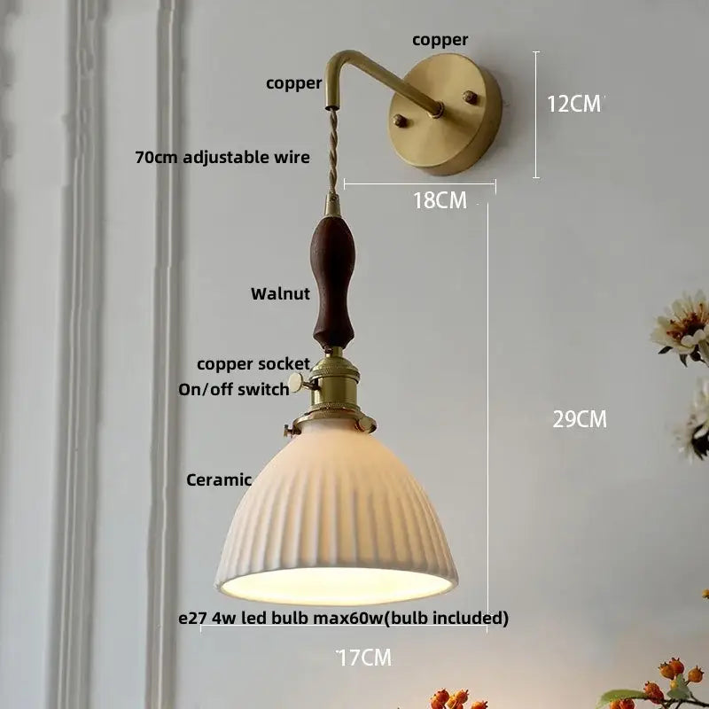 Vintage brass ceramic knob wall lights with copper bracket, dark walnut handle, brass socket, and ribbed off-white shade