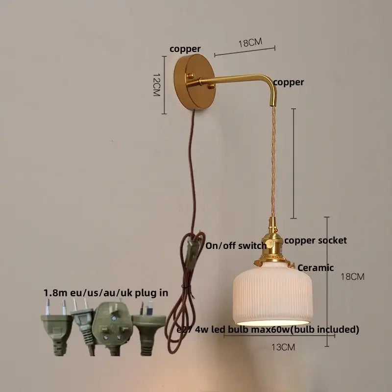 Gold-toned copper vintage brass ceramic knob wall light with ribbed ceramic lampshade for bedroom use