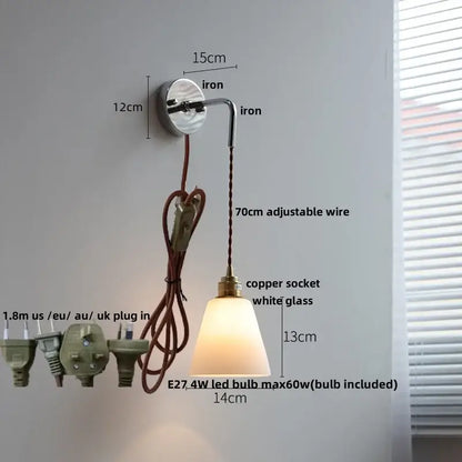 Vintage brass ceramic led wall lamp with polished iron bracket, adjustable copper wire, and white glass shade for decorbites ceramic led wall