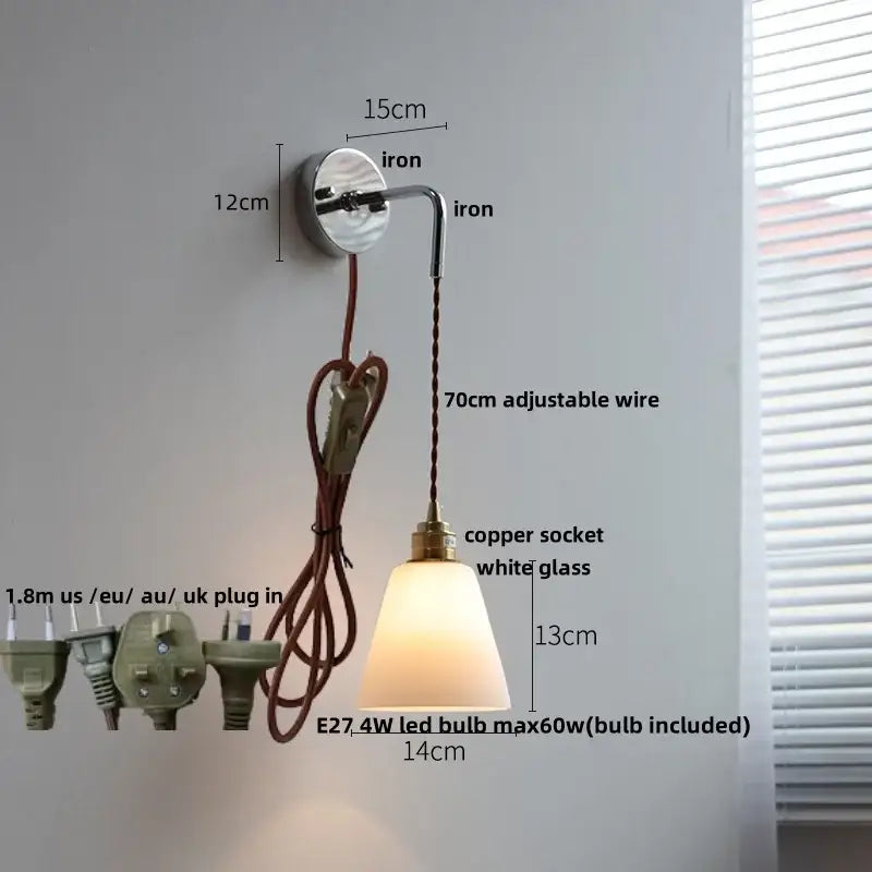 Vintage brass ceramic led wall lamp with polished iron bracket, adjustable copper wire, and white glass shade for decorbites ceramic led wall