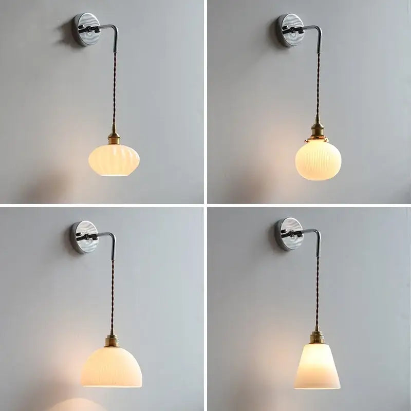 Vintage brass ceramic led wall lamp with curved metal arm and ribbed frosted glass shades for bedroom decorbites ceramic led wall