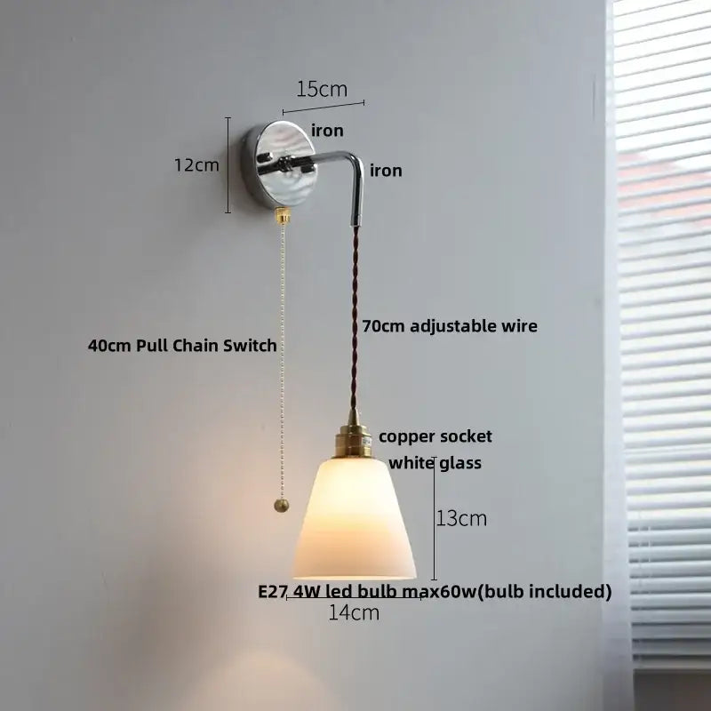 Vintage brass ceramic led wall lamp with polished iron bracket, adjustable copper wire, and white ribbed glass shade decorbites ceramic led