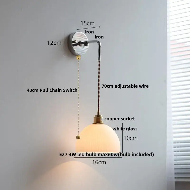 Vintage brass ceramic led wall lamp with curved iron arm white ribbed glass shade and copper socket by decorbites ceramic led wall