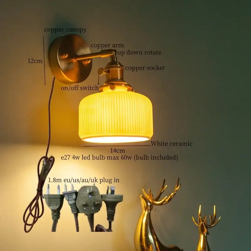 Vintage brass ceramic led wall lamp with a copper finish and white ribbed ceramic glass shade for bedroom decorbites brass ceramic