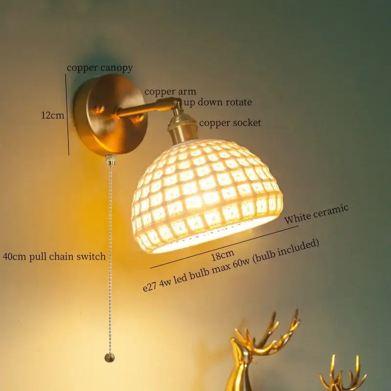 Copper-finished vintage brass ceramic led wall lamp with white ceramic shade and pull chain switch for bedroom decorbites