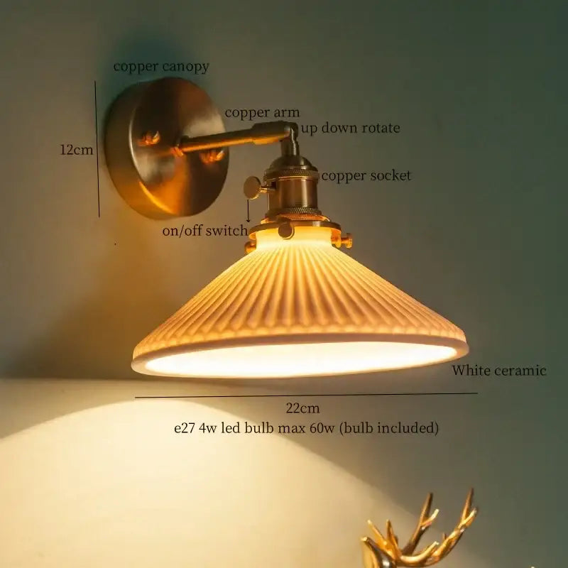 Antique brass ceramic led wall lamp with white ribbed ceramic shade and pull chain switch for bedroom decorbites brass ceramic