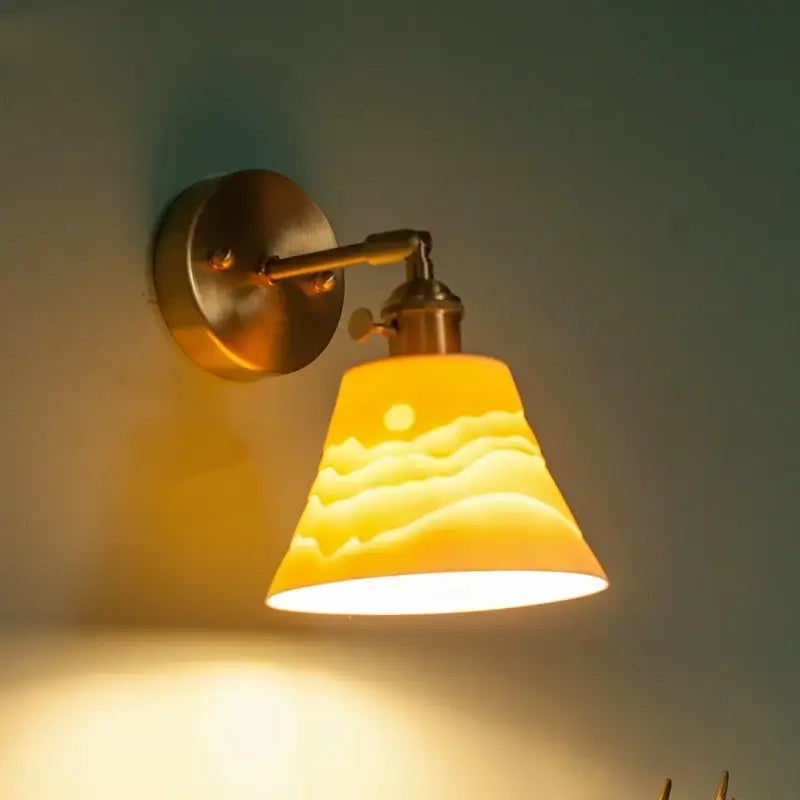 Vintage brass ceramic led wall lamp with warm-toned sunrise design ceramic lampshade and pull chain switch