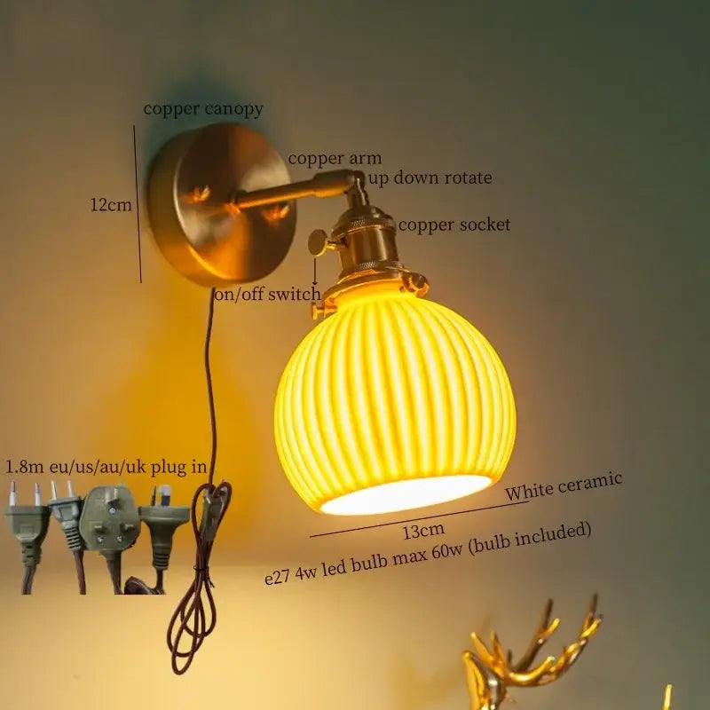 A warm yellow ribbed white ceramic wall lamp with copper arm and pull chain switch decorbites brass ceramic led model