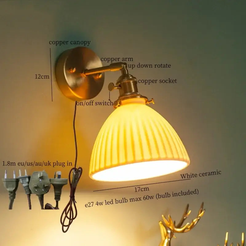 Copper-finished wall lamp with white ceramic ribbed lampshade featuring decorbites brass ceramic led design