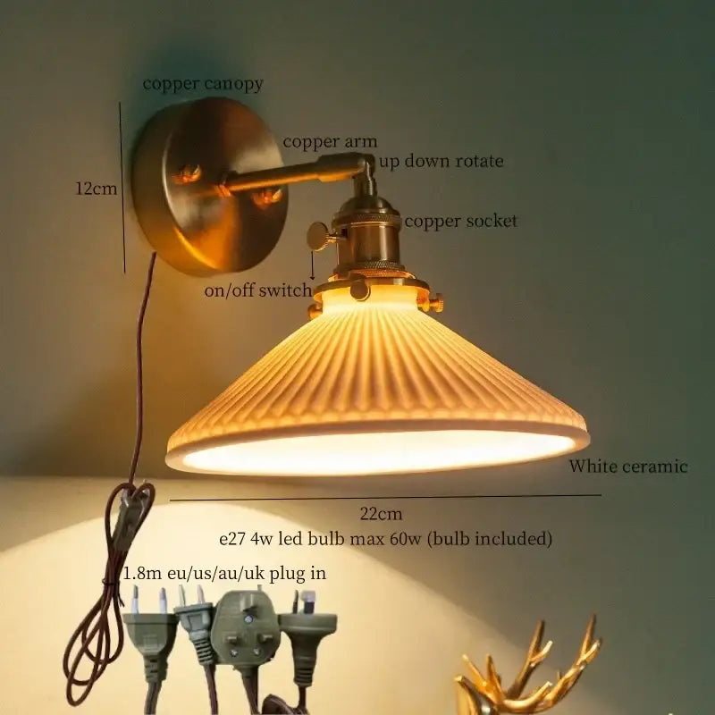 Vintage brass ceramic led wall lamp with pull chain switch featuring a white ridged ceramic shade and brass copper canopy