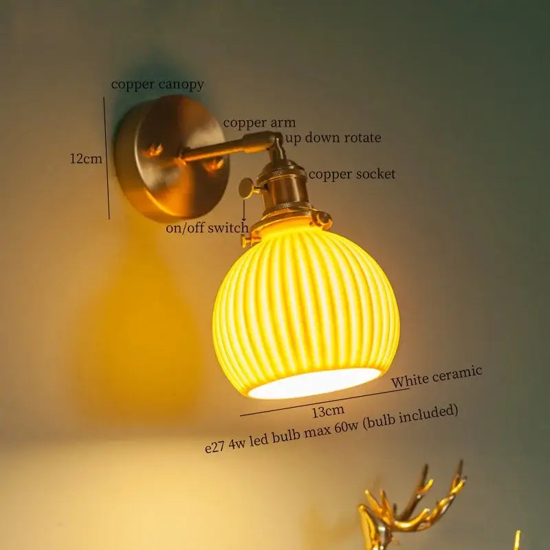 Vintage brass ceramic led wall lamp with copper finish and white ceramic ribbed globe shade for bedroom decorbites brass ceramic