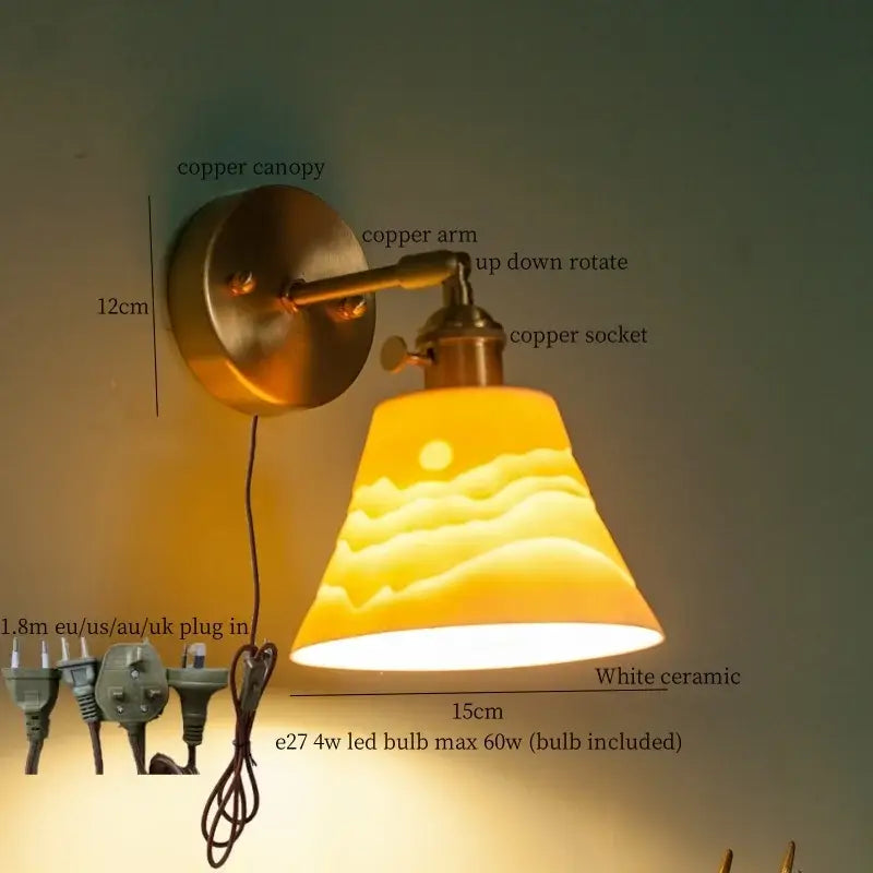 Copper-finished vintage brass ceramic led wall lamp with white ceramic embossed sunset shade and pull chain switch for bedroom decorbites brass ceramic